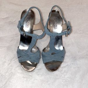 Michael Kors Baby Blue Suede Cork Wedges, Size 7.5